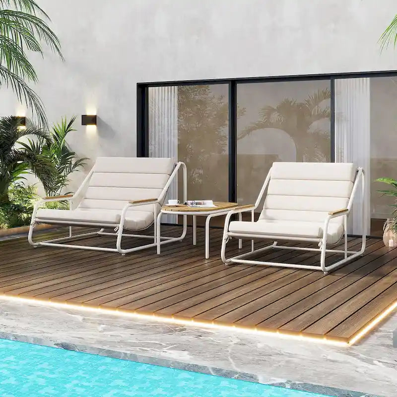 Ensemble de chaises longues 3 pièces, réglable avec roulettes et tables pour piscine, terrasse