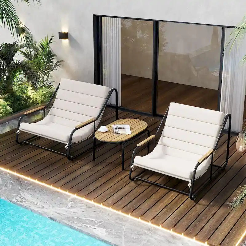 Ensemble de chaises longues 3 pièces, réglable avec roulettes et tables pour piscine, terrasse