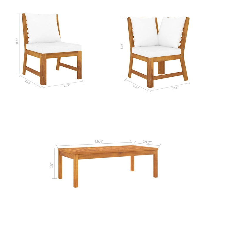 Set divano modulare da esterno 3 pezzi Roma con tavolino, in legno massello di acacia, bianco