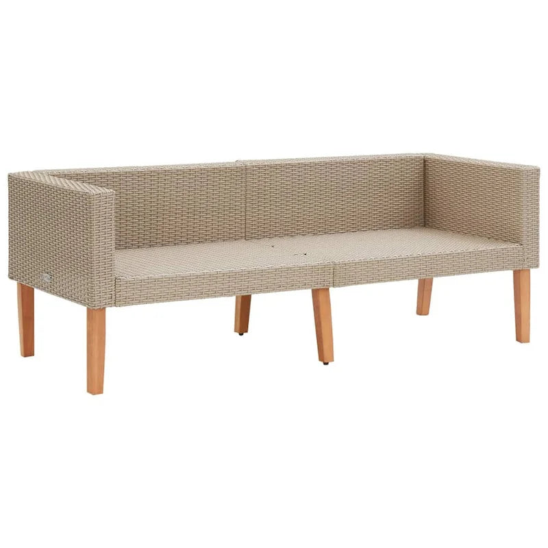 Divano da esterno, rattan beige, cuscini in tessuto grigio, legno marrone, 165 cm