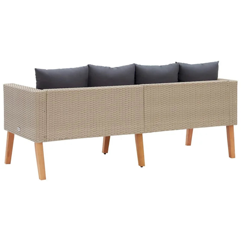 Divano da esterno, rattan beige, cuscini in tessuto grigio, legno marrone, 165 cm