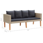 Divano da esterno, rattan beige, cuscini in tessuto grigio, legno marrone, 165 cm