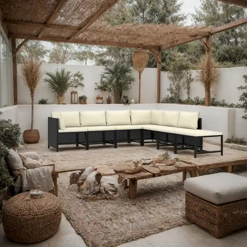 Set divano modulare da esterno Avio 7 pezzi, forma quadrata, polyrattan, nero