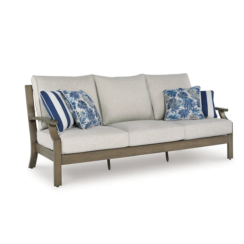 Inaya Outdoor Sofa, 4 Throw Pillows, Cream White, 89 Inch Brown Metal