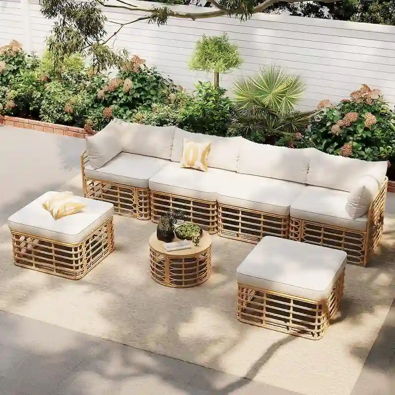 7 Pcs Outdoor Furniture Set, All-Weather Rattan Sectional Sofa Set with Thick Cushions and Pillows, Round Coffee Table