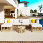 Set di mobili da esterno 7 pezzi, set divano componibile in rattan resistente alle intemperie con cuscini spessi e cuscini decorativi, tavolino rotondo
