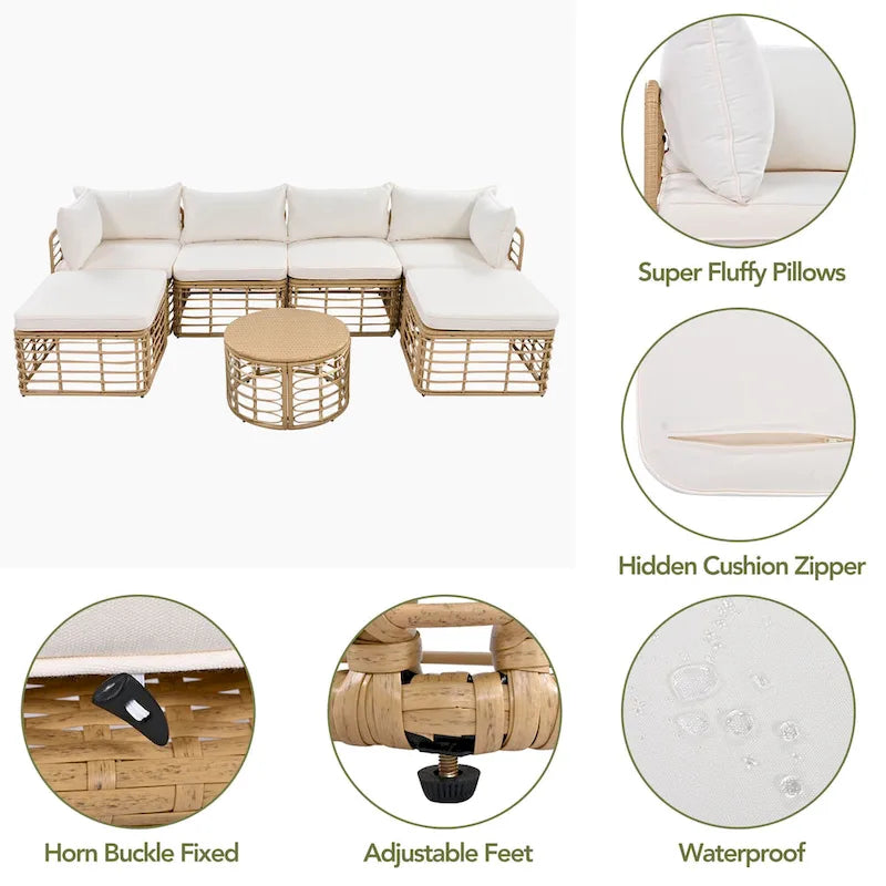 Set di mobili da esterno 7 pezzi, set divano componibile in rattan resistente alle intemperie con cuscini spessi e cuscini decorativi, tavolino rotondo