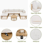 Set di mobili da esterno 7 pezzi, set divano componibile in rattan resistente alle intemperie con cuscini spessi e cuscini decorativi, tavolino rotondo