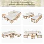 Set di mobili da esterno 7 pezzi, set divano componibile in rattan resistente alle intemperie con cuscini spessi e cuscini decorativi, tavolino rotondo