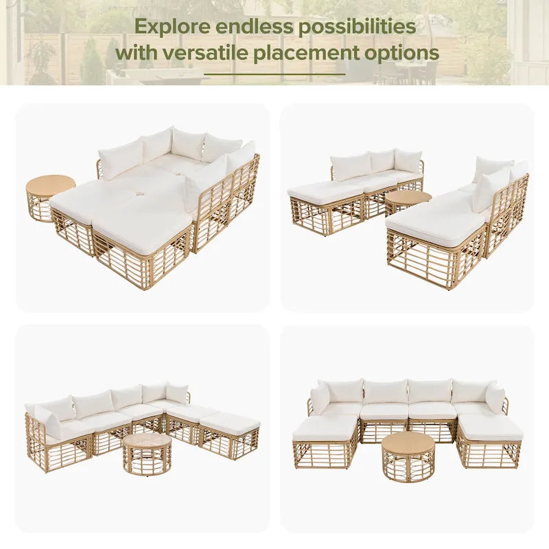 Set di mobili da esterno 7 pezzi, set divano componibile in rattan resistente alle intemperie con cuscini spessi e cuscini decorativi, tavolino rotondo