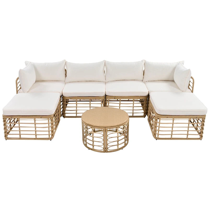 Set di mobili da esterno 7 pezzi, set divano componibile in rattan resistente alle intemperie con cuscini spessi e cuscini decorativi, tavolino rotondo