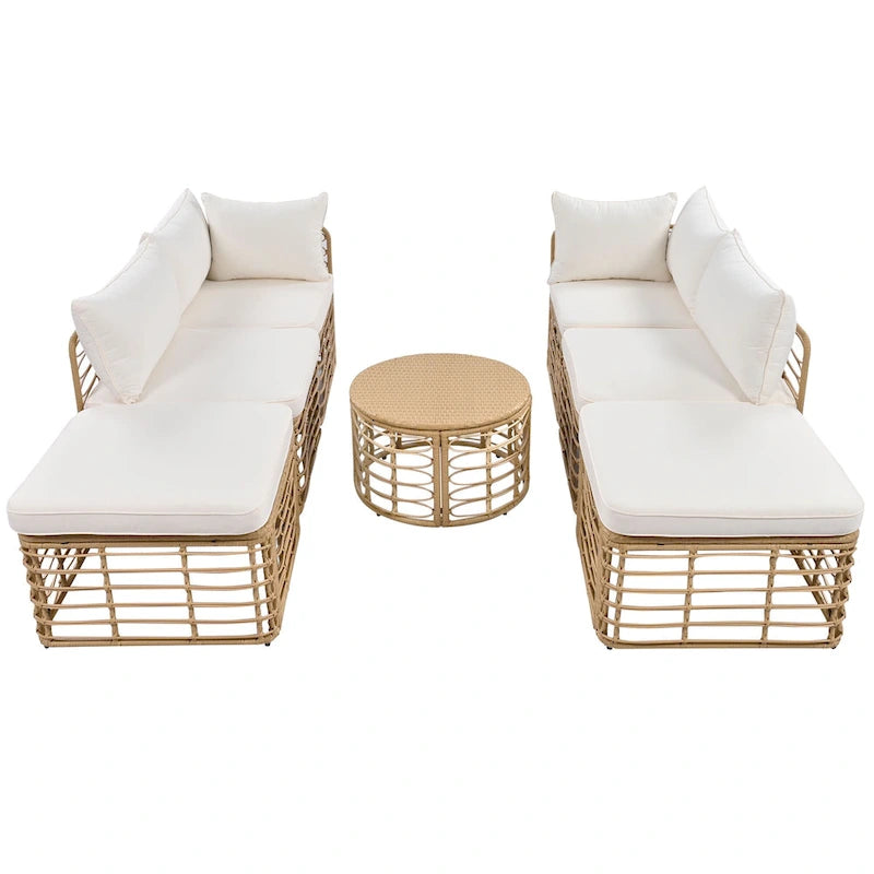 Set di mobili da esterno 7 pezzi, set divano componibile in rattan resistente alle intemperie con cuscini spessi e cuscini decorativi, tavolino rotondo