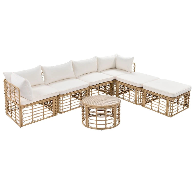 Set di mobili da esterno 7 pezzi, set divano componibile in rattan resistente alle intemperie con cuscini spessi e cuscini decorativi, tavolino rotondo