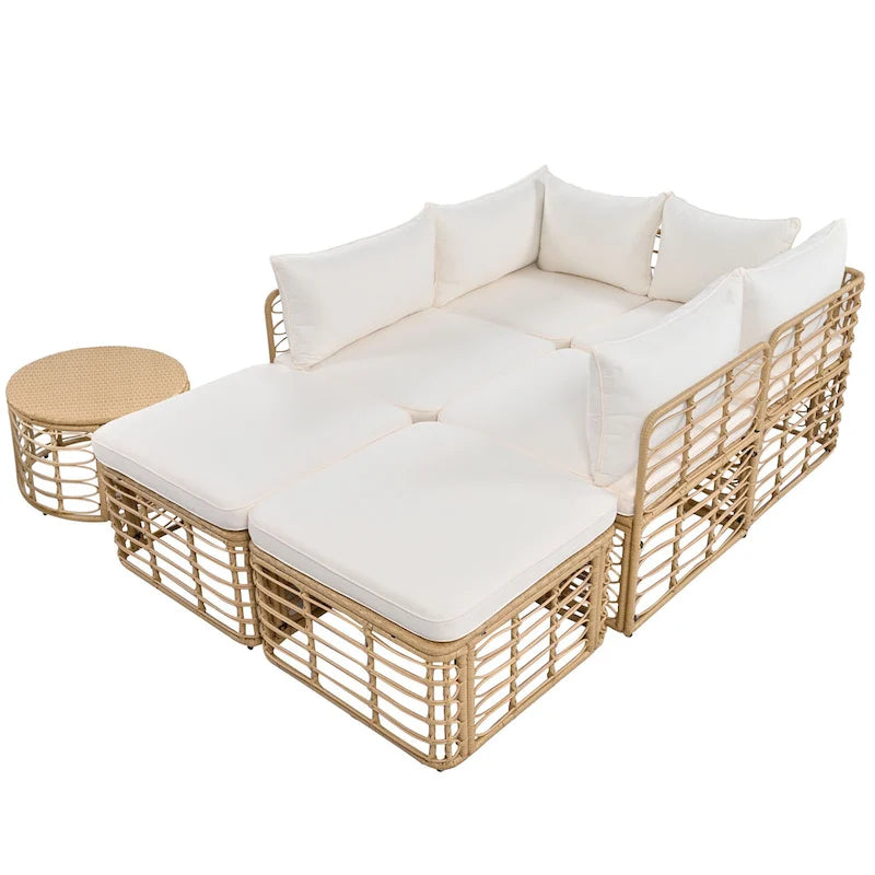 Set di mobili da esterno 7 pezzi, set divano componibile in rattan resistente alle intemperie con cuscini spessi e cuscini decorativi, tavolino rotondo