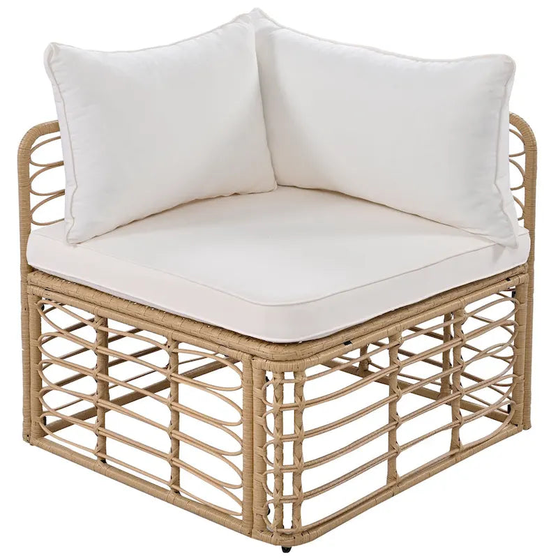 Set di mobili da esterno 7 pezzi, set divano componibile in rattan resistente alle intemperie con cuscini spessi e cuscini decorativi, tavolino rotondo