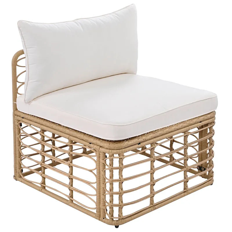 Set di mobili da esterno 7 pezzi, set divano componibile in rattan resistente alle intemperie con cuscini spessi e cuscini decorativi, tavolino rotondo