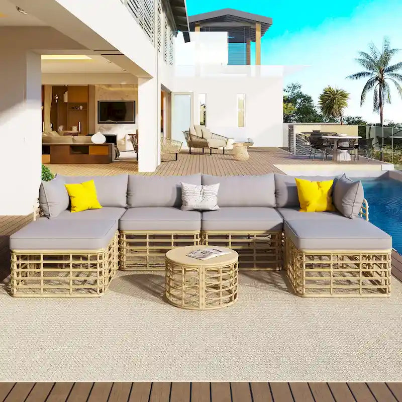 Set di mobili da esterno 7 pezzi, set divano componibile in rattan resistente alle intemperie con cuscini spessi e cuscini decorativi, tavolino rotondo