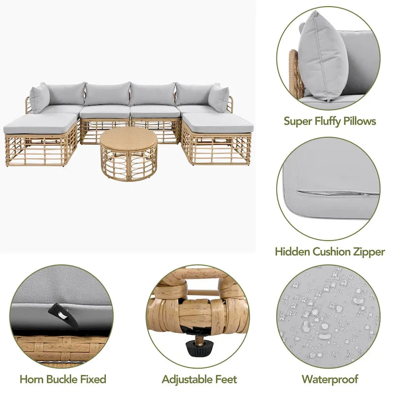 Set di mobili da esterno 7 pezzi, set divano componibile in rattan resistente alle intemperie con cuscini spessi e cuscini decorativi, tavolino rotondo
