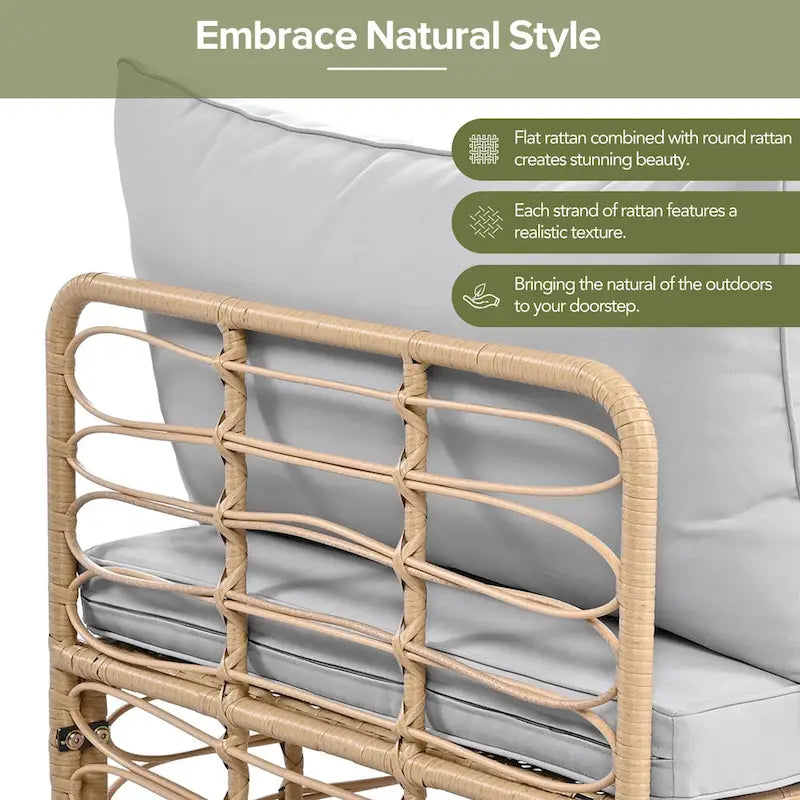Set di mobili da esterno 7 pezzi, set divano componibile in rattan resistente alle intemperie con cuscini spessi e cuscini decorativi, tavolino rotondo