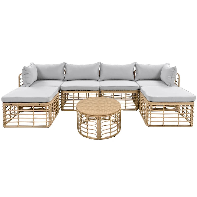 Set di mobili da esterno 7 pezzi, set divano componibile in rattan resistente alle intemperie con cuscini spessi e cuscini decorativi, tavolino rotondo