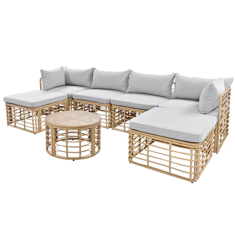 Set di mobili da esterno 7 pezzi, set divano componibile in rattan resistente alle intemperie con cuscini spessi e cuscini decorativi, tavolino rotondo