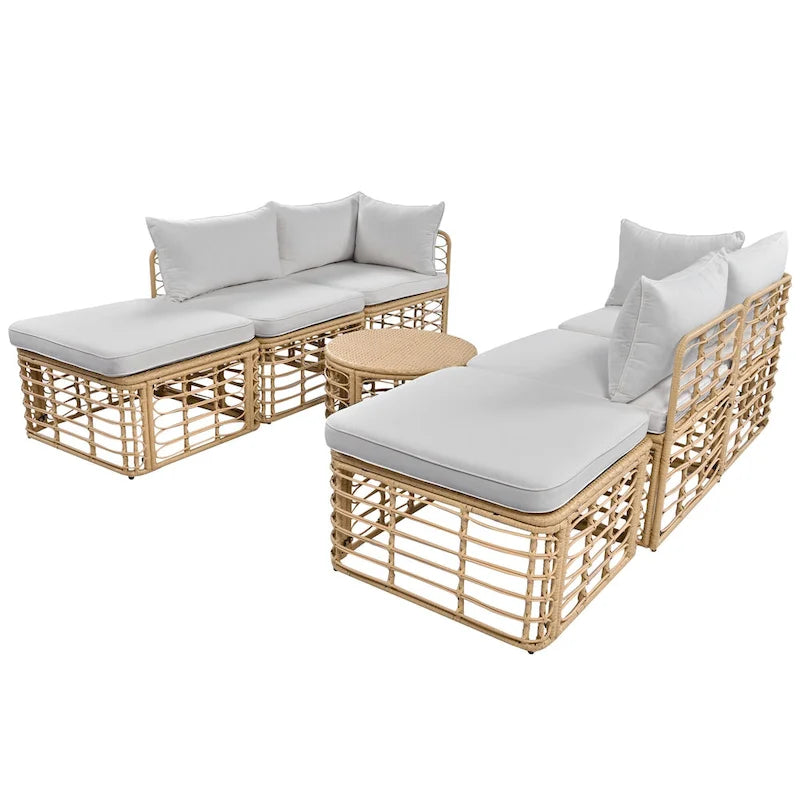 Set di mobili da esterno 7 pezzi, set divano componibile in rattan resistente alle intemperie con cuscini spessi e cuscini decorativi, tavolino rotondo
