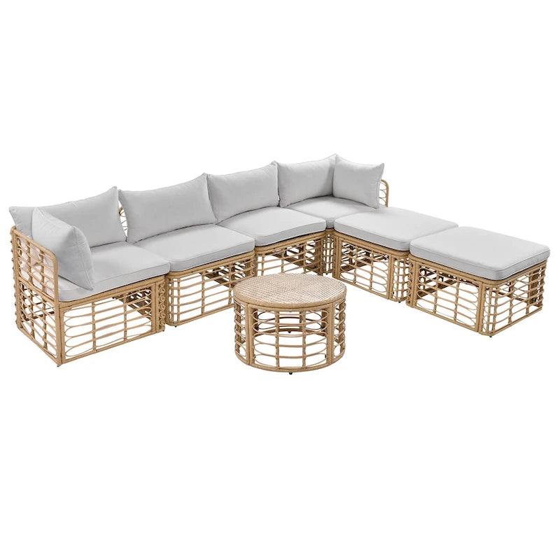 Set di mobili da esterno 7 pezzi, set divano componibile in rattan resistente alle intemperie con cuscini spessi e cuscini decorativi, tavolino rotondo