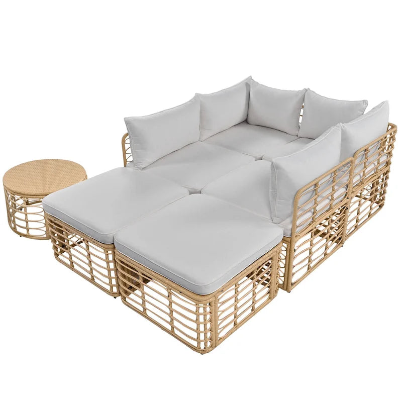 Set di mobili da esterno 7 pezzi, set divano componibile in rattan resistente alle intemperie con cuscini spessi e cuscini decorativi, tavolino rotondo