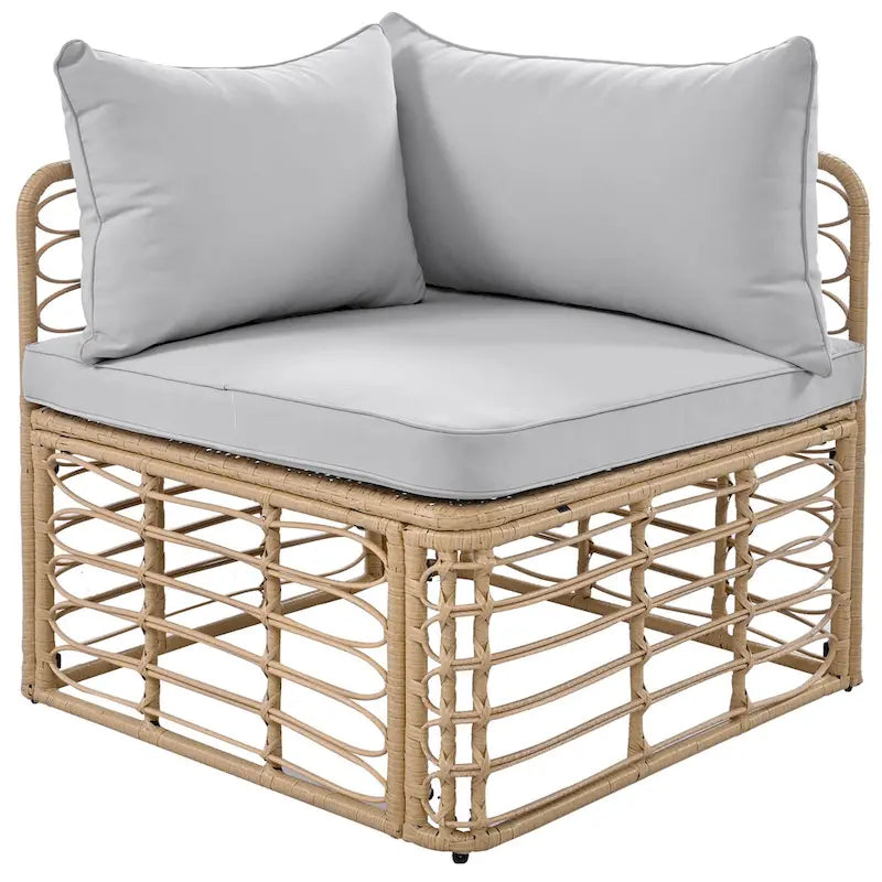 Set di mobili da esterno 7 pezzi, set divano componibile in rattan resistente alle intemperie con cuscini spessi e cuscini decorativi, tavolino rotondo