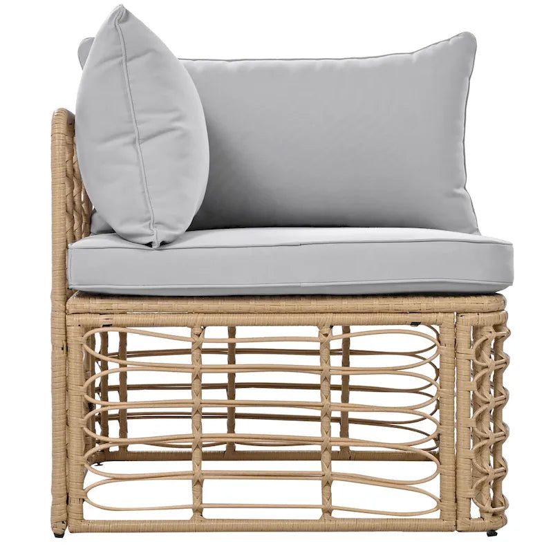 Set di mobili da esterno 7 pezzi, set divano componibile in rattan resistente alle intemperie con cuscini spessi e cuscini decorativi, tavolino rotondo