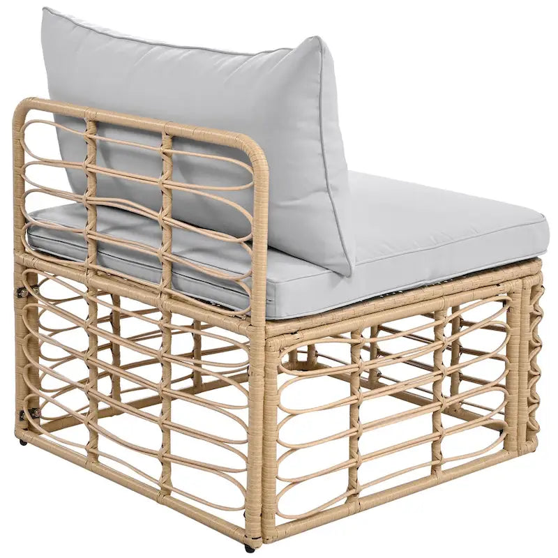 Set di mobili da esterno 7 pezzi, set divano componibile in rattan resistente alle intemperie con cuscini spessi e cuscini decorativi, tavolino rotondo