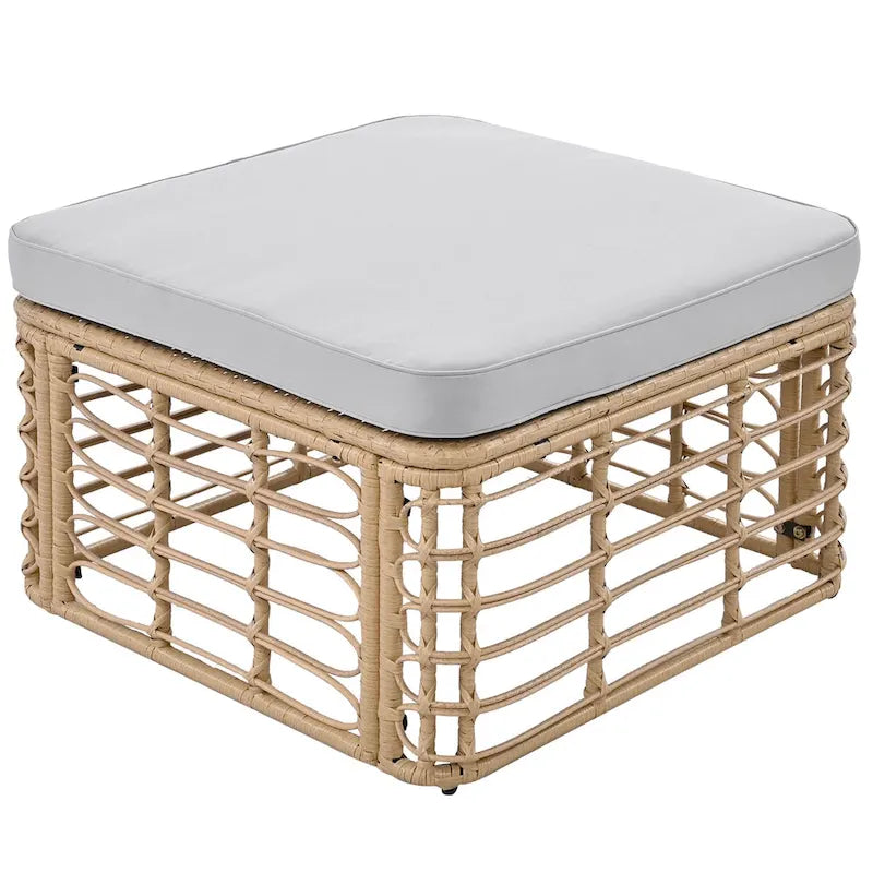 Set di mobili da esterno 7 pezzi, set divano componibile in rattan resistente alle intemperie con cuscini spessi e cuscini decorativi, tavolino rotondo