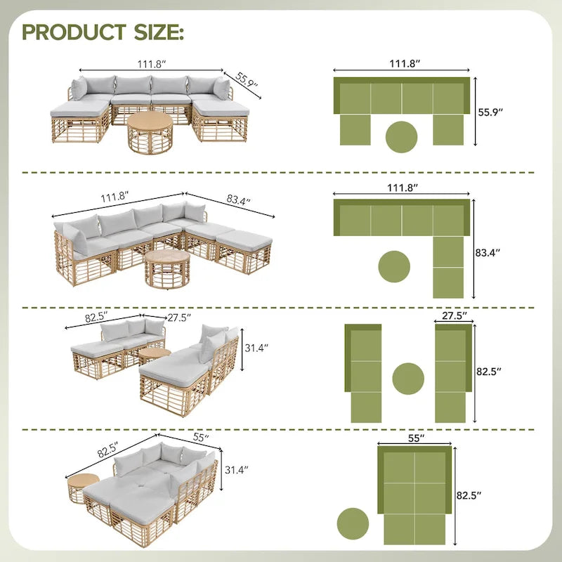 Set di mobili da esterno 7 pezzi, set divano componibile in rattan resistente alle intemperie con cuscini spessi e cuscini decorativi, tavolino rotondo