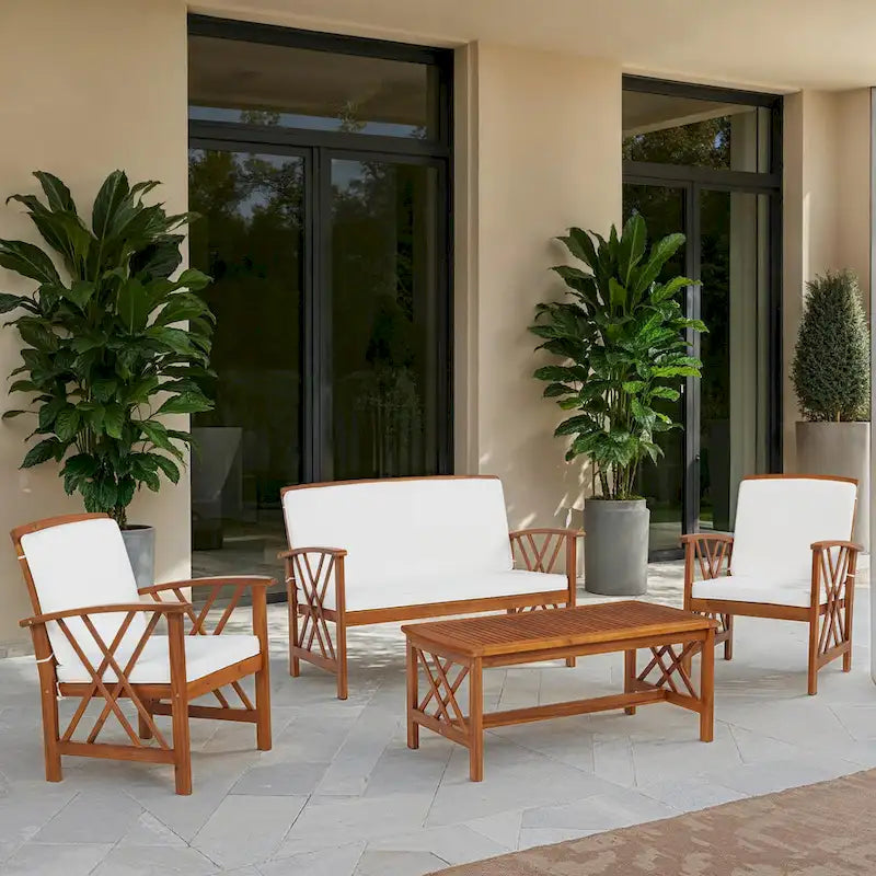 Set da conversazione per esterni Jubil in acacia a 4 pezzi con cuscini beige
