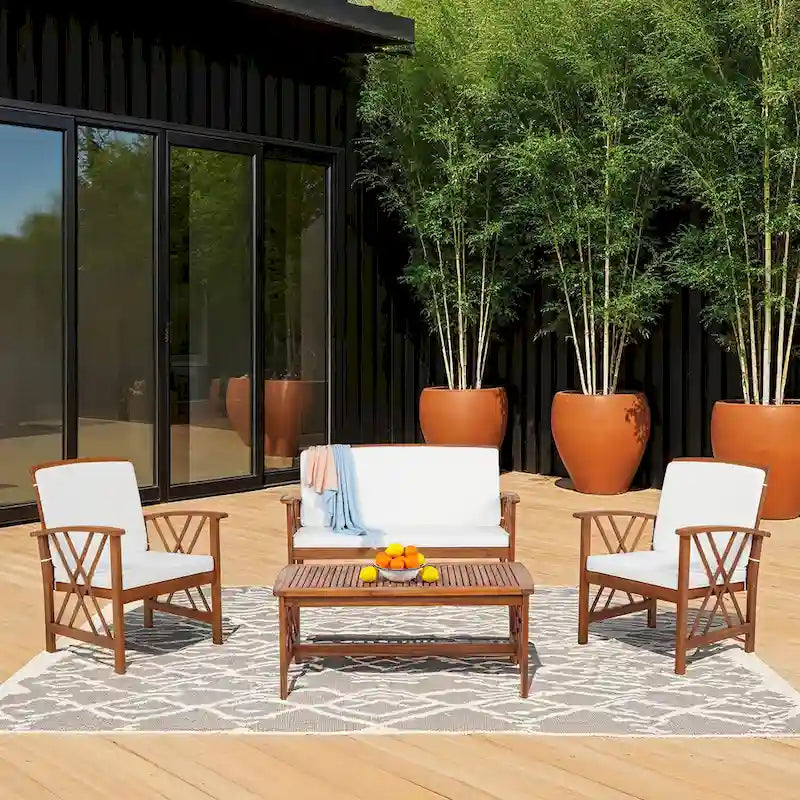 Set da conversazione per esterni Jubil in acacia a 4 pezzi con cuscini beige