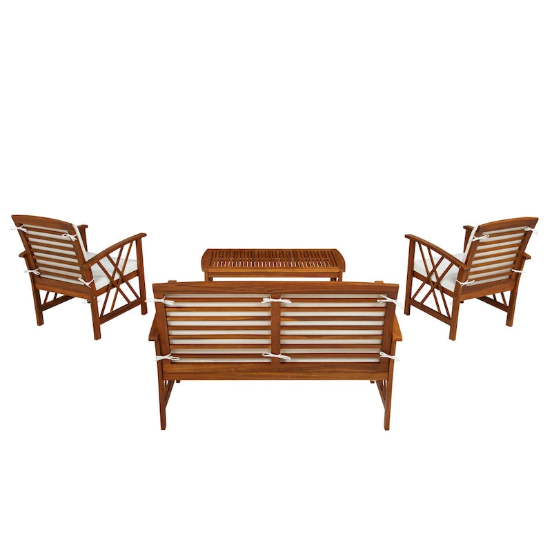 Set da conversazione per esterni Jubil in acacia a 4 pezzi con cuscini beige
