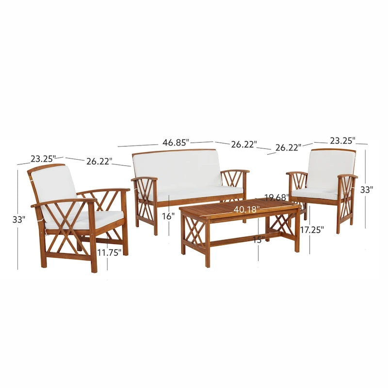 Set da conversazione per esterni Jubil in acacia a 4 pezzi con cuscini beige
