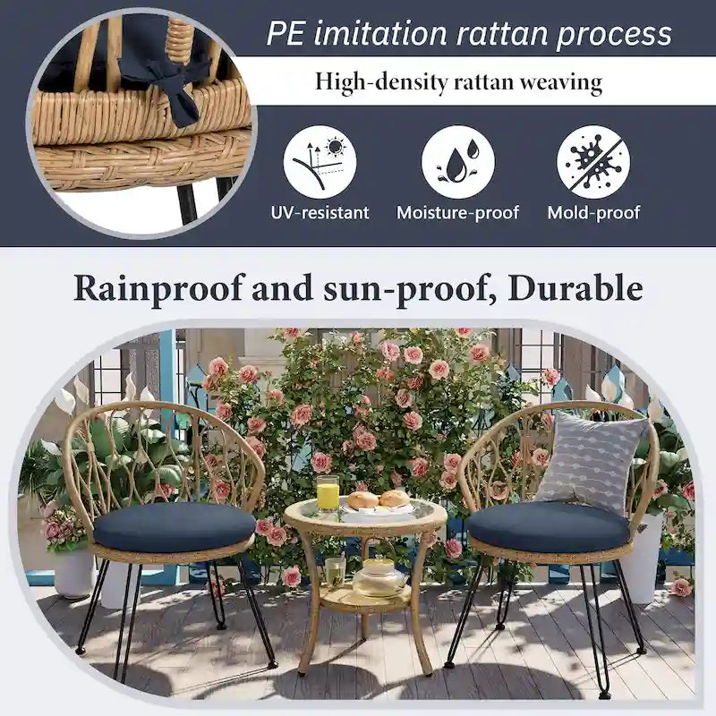 Set da 3 pezzi per esterno, set bistro da patio, set da conversazione include 2 sedie singole in rattan e un tavolino rotondo in vetro