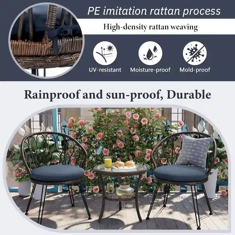 Ensemble de loisirs extérieur 3 pièces, ensemble de bistrot de patio avec 2 fauteuils en rotin et une table ronde en verre