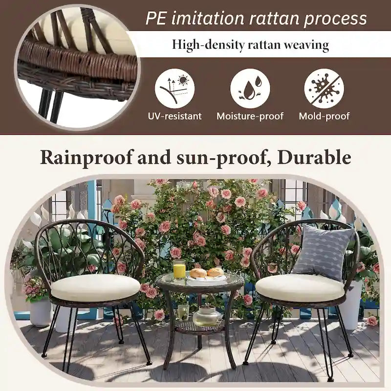 Ensemble de loisirs extérieur 3 pièces, ensemble de bistrot de patio avec 2 fauteuils en rotin et une table ronde en verre