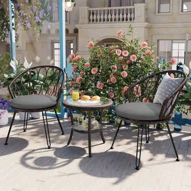 Ensemble de loisirs extérieur 3 pièces, ensemble de bistrot de patio avec 2 fauteuils en rotin et une table ronde en verre