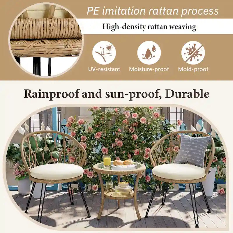 3 Piece Outdoor Leisure Set, Patio Bistro Set Conversation Set Includes 2 Rattan Single Chairs and a Glass Round Table