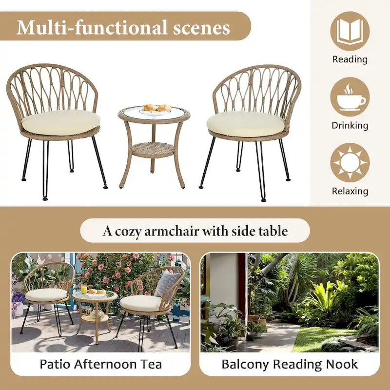 Ensemble de loisirs extérieur 3 pièces, ensemble de bistrot de patio avec 2 fauteuils en rotin et une table ronde en verre