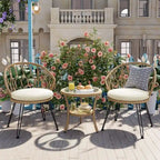 Set da 3 pezzi per esterno, set bistro da patio, set da conversazione include 2 sedie singole in rattan e un tavolino rotondo in vetro