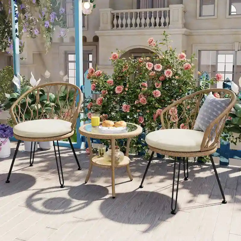 Ensemble de loisirs extérieur 3 pièces, ensemble de bistrot de patio avec 2 fauteuils en rotin et une table ronde en verre