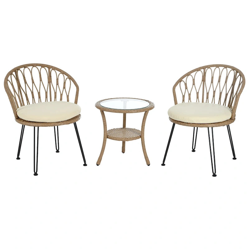 Set da 3 pezzi per esterno, set bistro da patio, set da conversazione include 2 sedie singole in rattan e un tavolino rotondo in vetro