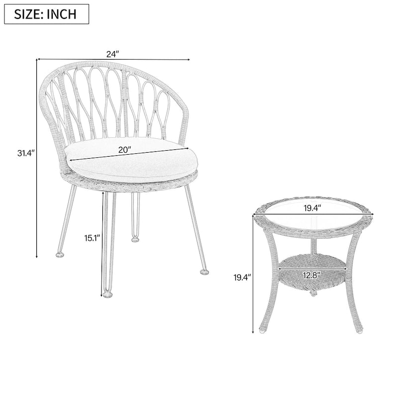 Set da 3 pezzi per esterno, set bistro da patio, set da conversazione include 2 sedie singole in rattan e un tavolino rotondo in vetro