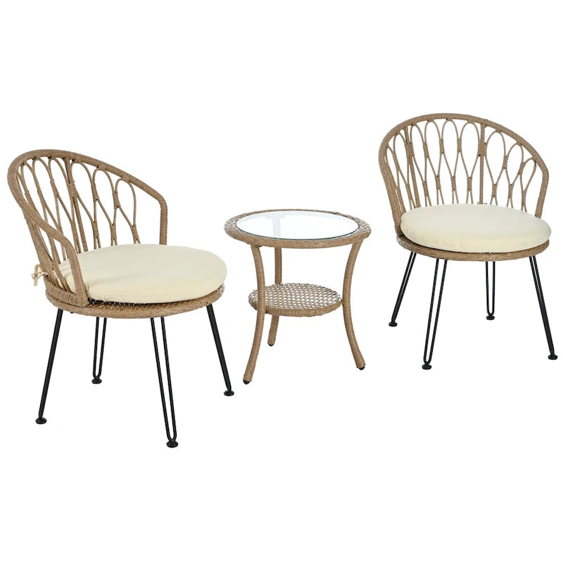 Set da 3 pezzi per esterno, set bistro da patio, set da conversazione include 2 sedie singole in rattan e un tavolino rotondo in vetro