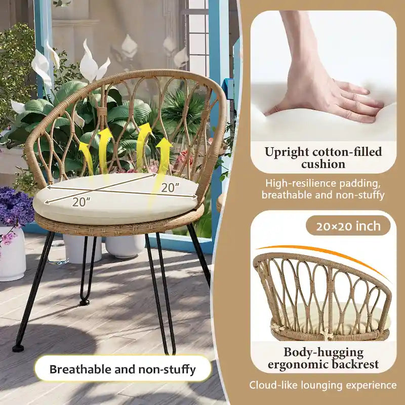 Set da 3 pezzi per esterno, set bistro da patio, set da conversazione include 2 sedie singole in rattan e un tavolino rotondo in vetro