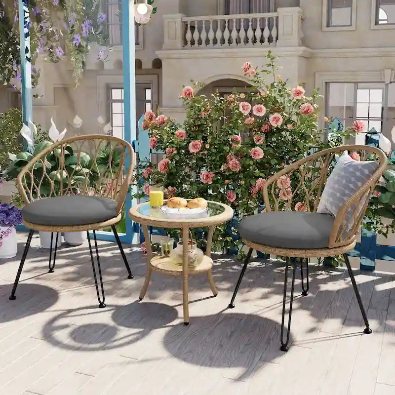 Set da 3 pezzi per esterno, set bistro da patio, set da conversazione include 2 sedie singole in rattan e un tavolino rotondo in vetro